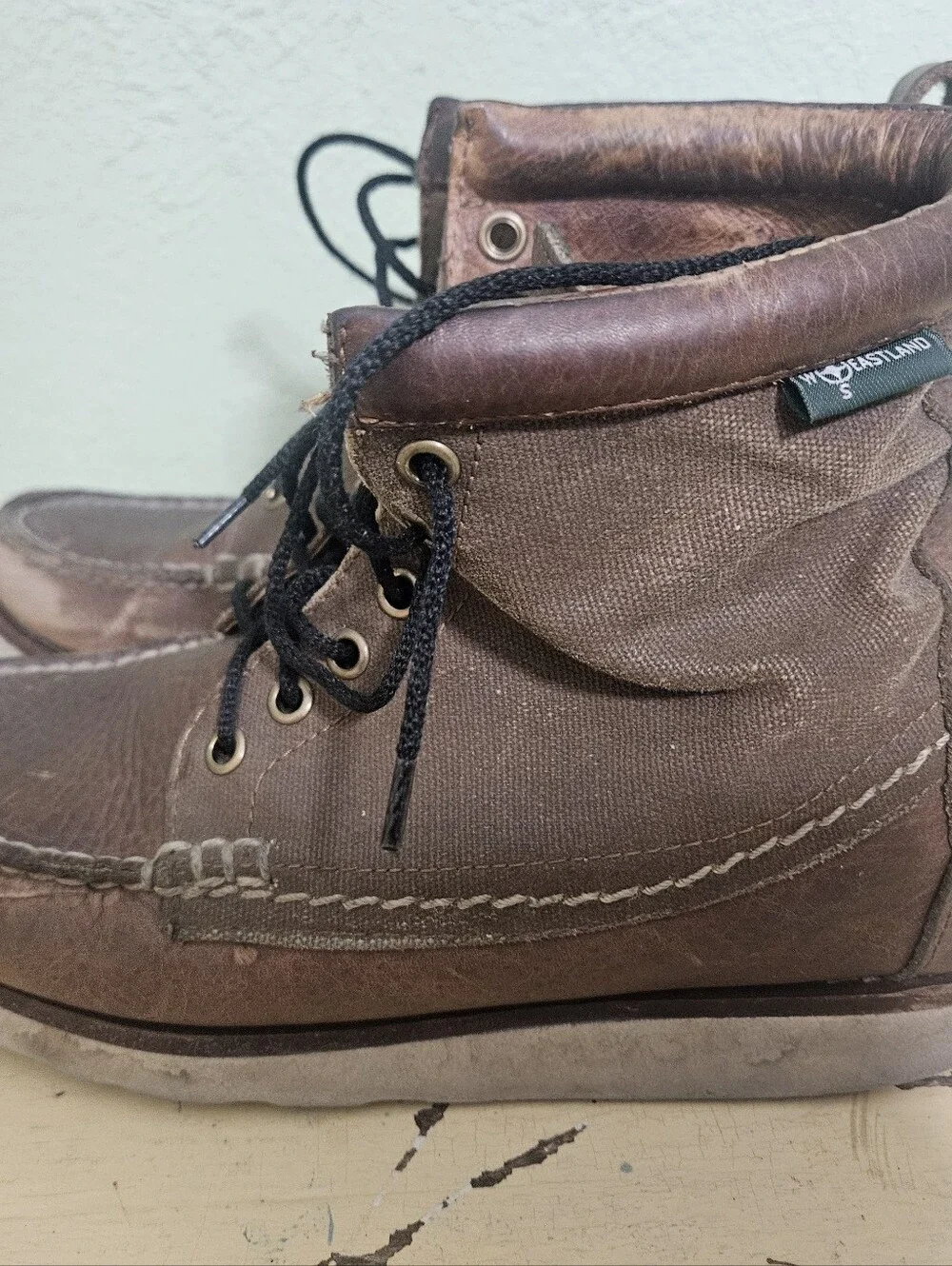 Eastland Sherman Brown Leather & Canvas Lace-Up Moccasin Wedge Boots
